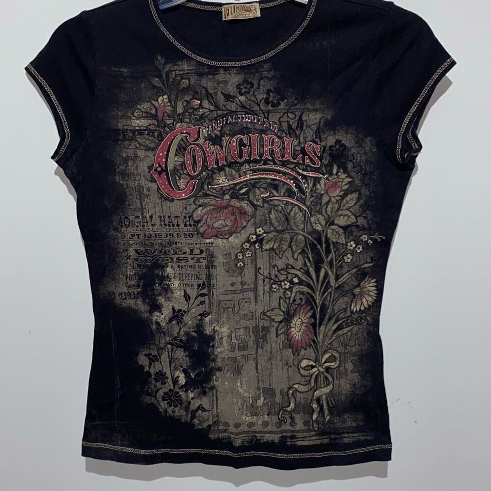 Blue Canyon Women's Black Floral Cowgirls Cotton Retro Cap Sleeve T-Shirt Small